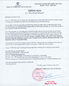 Thông báo tăng gía hàng hoá 2021