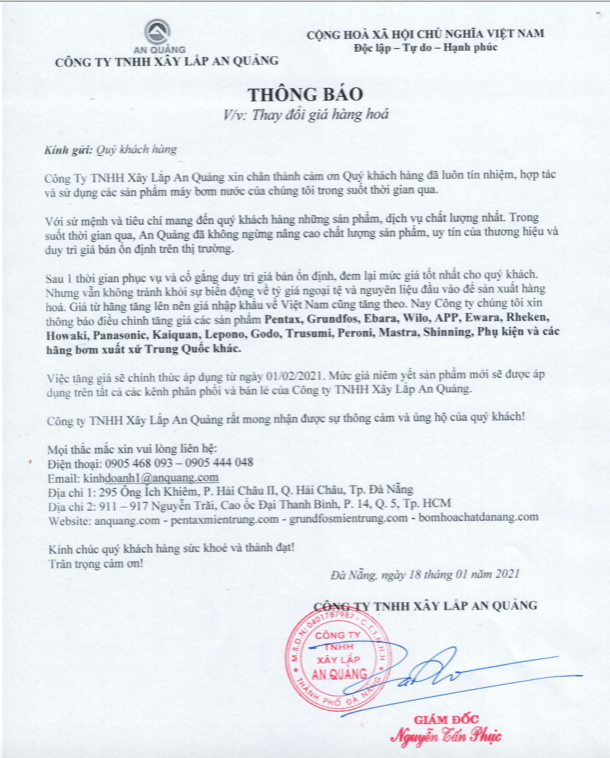 Thông báo tăng gía hàng hoá 2021